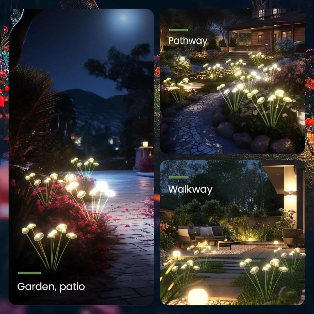 Nahaufnahme: Leuchtende Solar-Quallenpilz-Lampe im Garten, LED-Licht, wetterfestes Design.