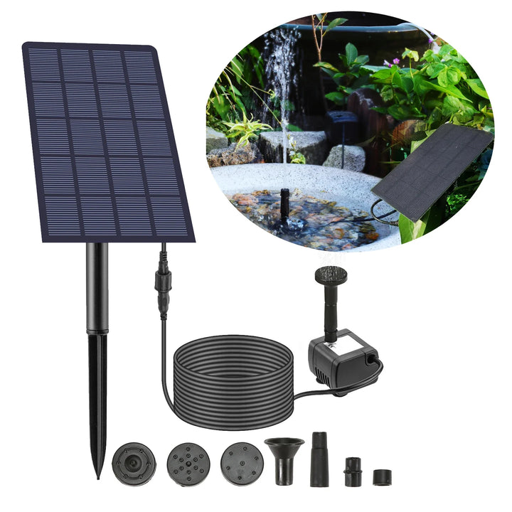 Solar-Springbrunnen für Garten und Teich, umweltfreundlich betrieben, mit verschiedenen Wasserspielen.