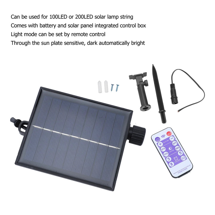 Dimmbare Solar Steuerbox für LED Lichterketten, mit Fernbedienung und wetterfestem Solarmodul für den Garten.