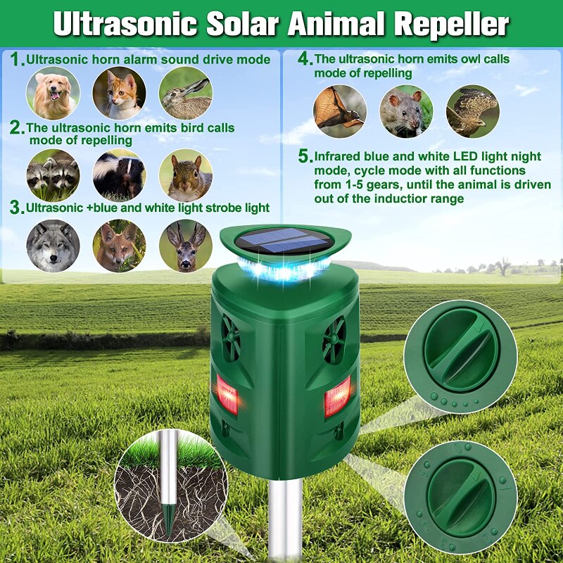 Detailansicht der Solar-Ultraschall-Tierabwehr mit integriertem Solarpanel und Bewegungssensor für Outdoor.