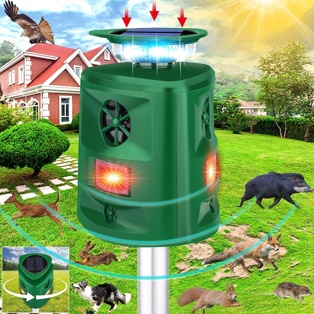 Wasserdichte Solar-Tierabwehr mit Ultraschall-Repeller im Garten; effektiver Schutz gegen unerwünschte Tiere.