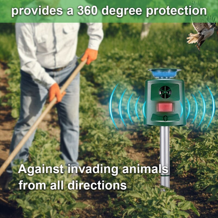 Der Bewegungssensor der Solar-Ultraschall-Tierabwehr erkennt Tiere und aktiviert den Ultraschall-Repeller.