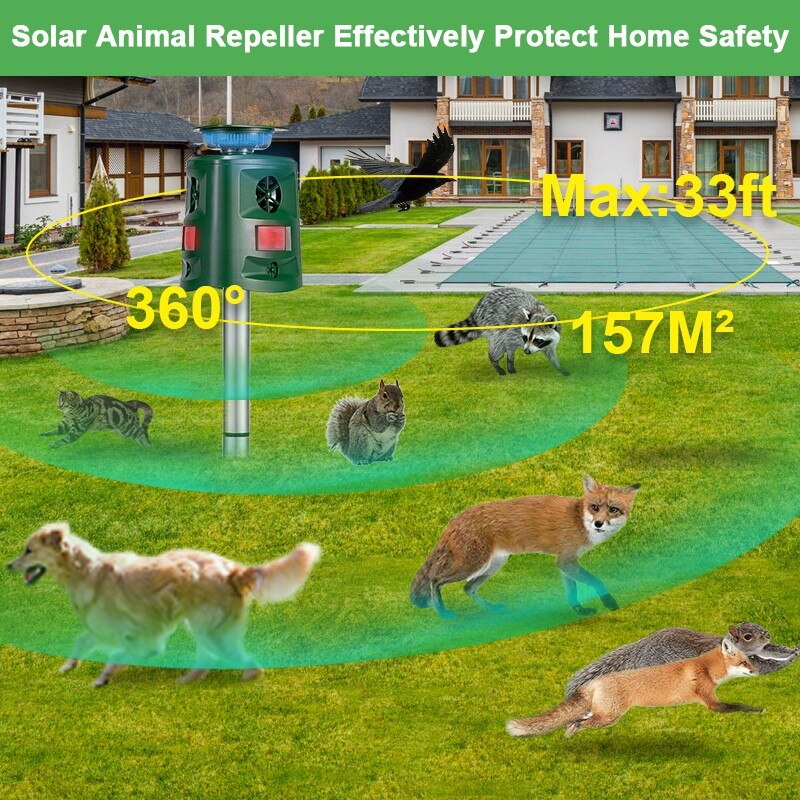 Umweltfreundliche Tierabwehr mit Solarpanel und Ultraschall-Technologie für Garten, Hof und Outdoor-Bereiche.