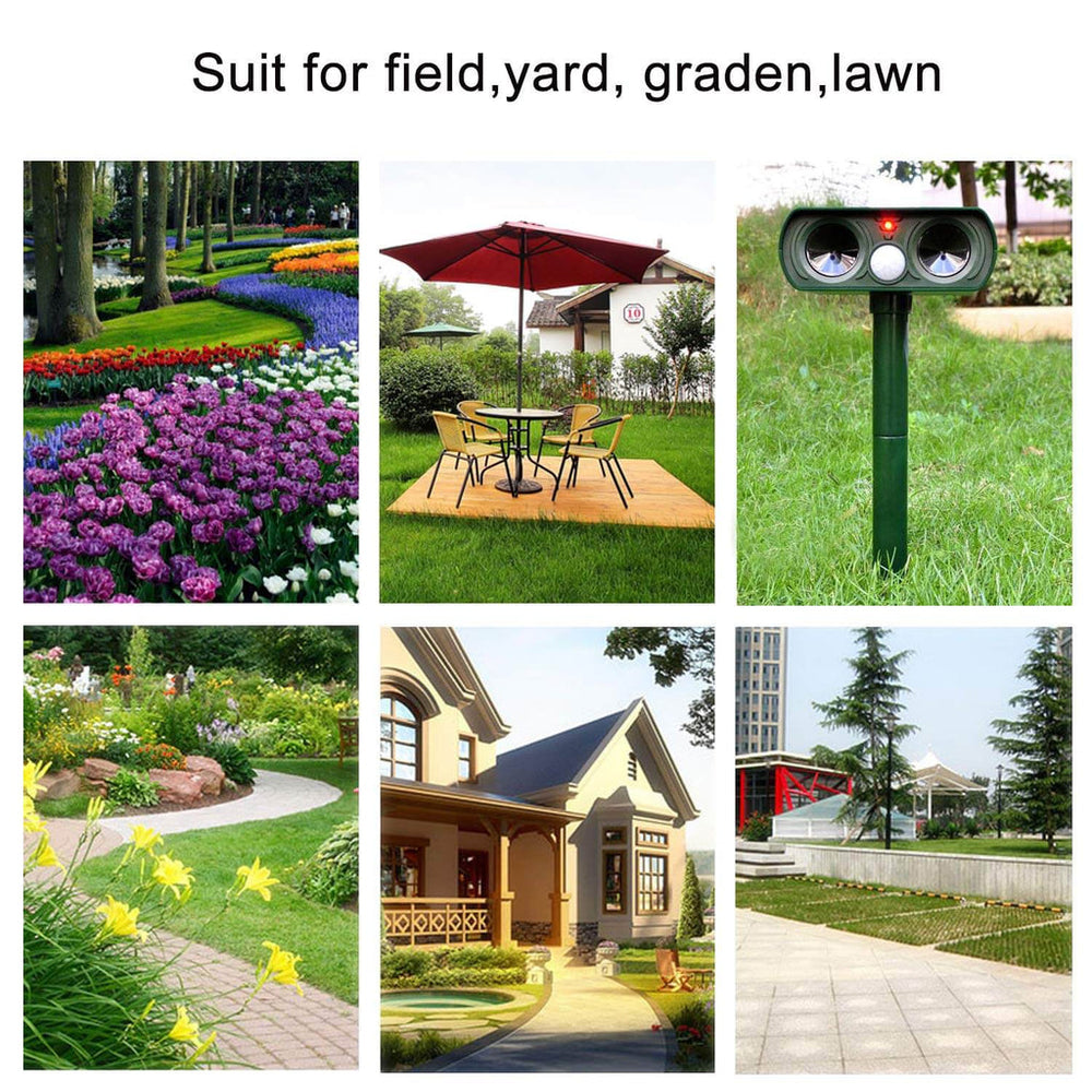 Solarbetriebener Ultraschall Tiervertreiber für Garten & Outdoor. Wasserdicht, ideal zur Wild-, Katzen- und Hundeabwehr.