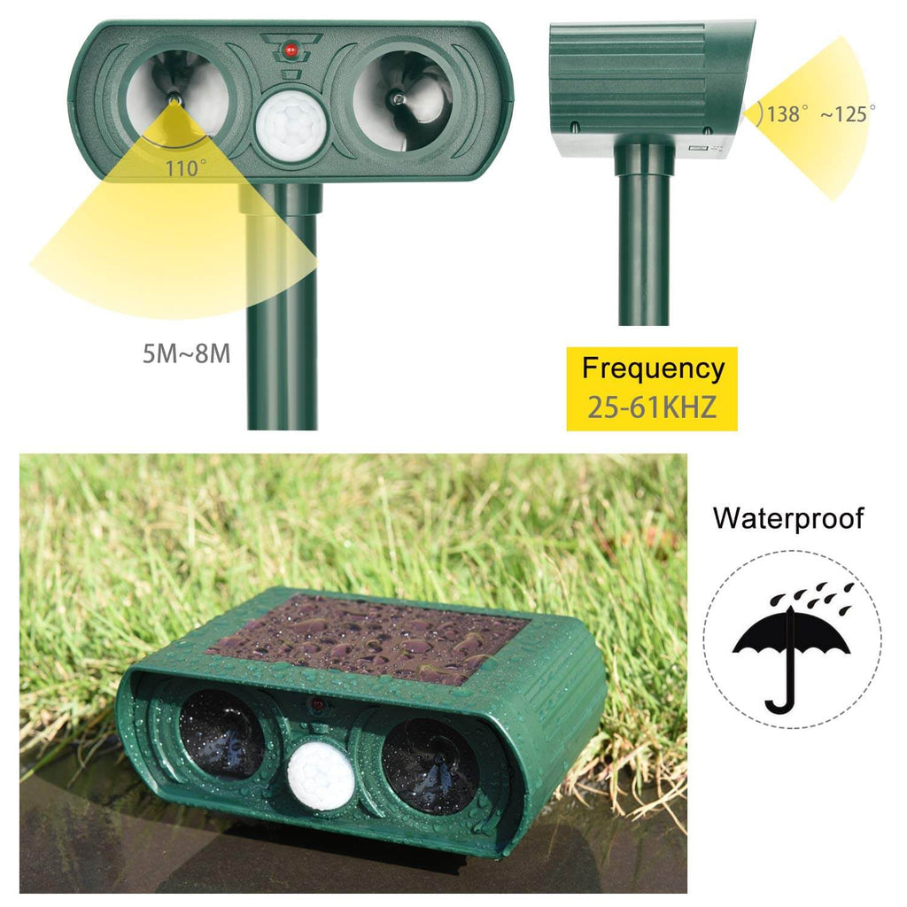 Effektiver Solar Tiervertreiber gegen Nagetiere und Wildtiere im Garten. Mit Infrarotsensor und Ultraschallfunktion.