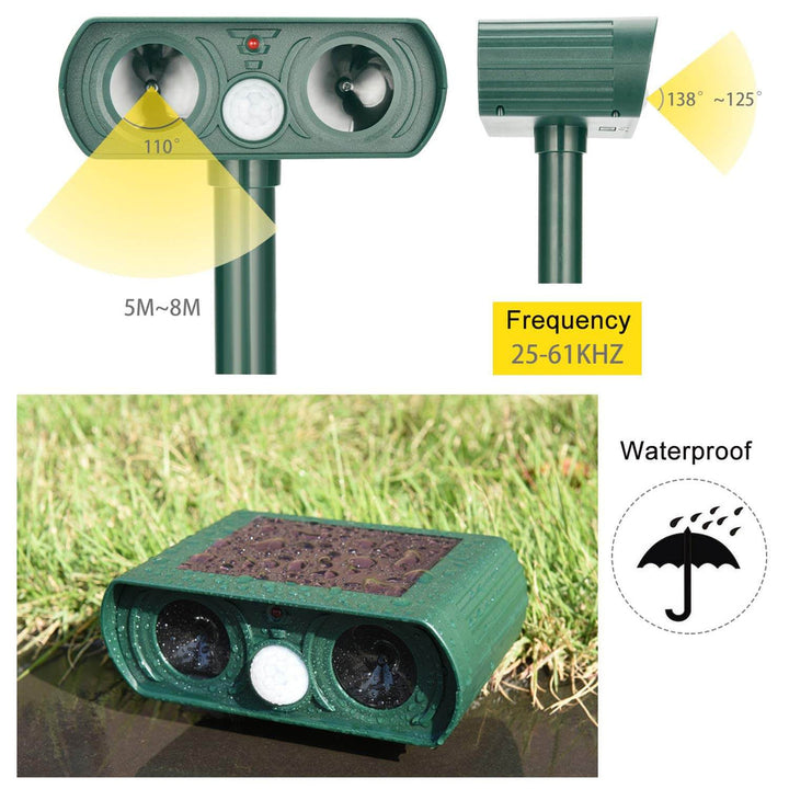 Effektiver Solar Tiervertreiber gegen Nagetiere und Wildtiere im Garten. Mit Infrarotsensor und Ultraschallfunktion.