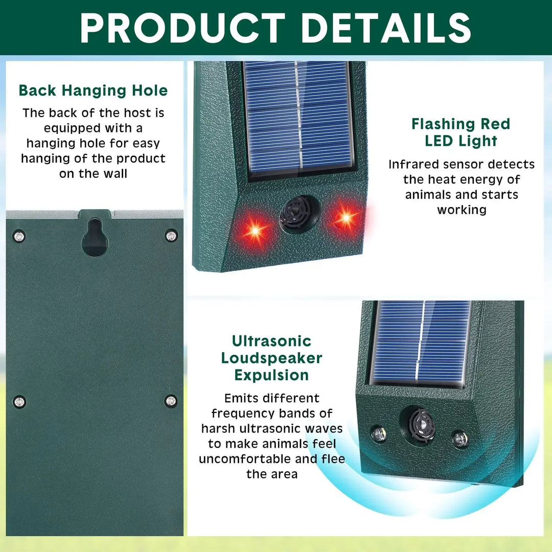 Umweltfreundliche Solar-Vogelabwehr mit Bewegungssensor, Ultraschall & LED-Blitz. Schützt Ihren Garten zuverlässig.