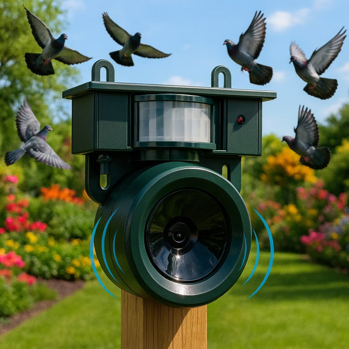 Solar Vogelabwehrgerät mit Raubvogelrufen, tierfreundlich für Garten, Balkon & Terrasse.