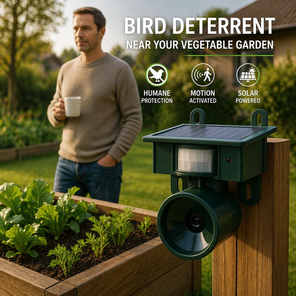 Effektiver Solar Tiervertreiber mit Bewegungssensor, schützt Garten, Hof & Balkon vor Vögeln.