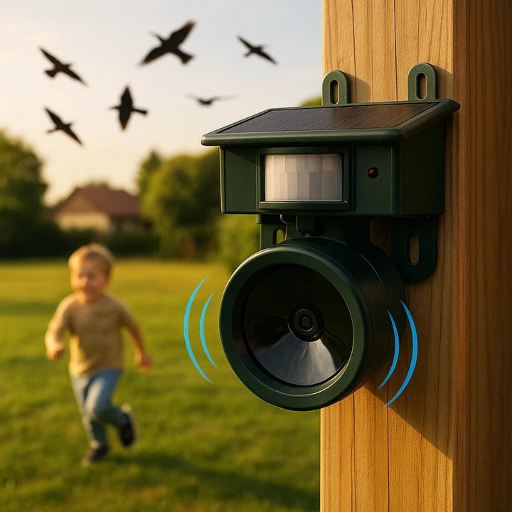 Kompaktes Solar Vogelabwehrgerät mit integriertem Lautsprecher, vertreibt Vögel schonend.