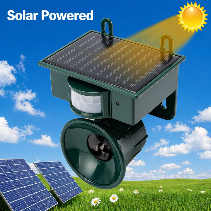 Innovativer Solar Vogelschreck mit Raubvogelrufen & Bewegungssensor für Garten und Terrasse.