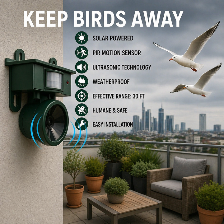 Nachhaltige Solar Vogelabwehr mit großem Erfassungsbereich, ideal für Hof und Anbauflächen.