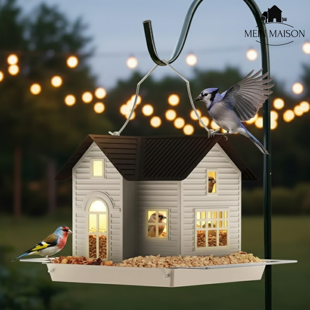 Solar Vogelfutterspender LED beleuchtet für Garten & Balkon, ideal zur Vögelbeobachtung.