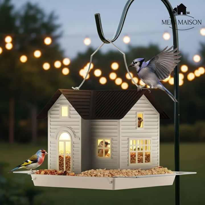 Solar Vogelfutterspender LED beleuchtet für Garten & Balkon, ideal zur Vögelbeobachtung.