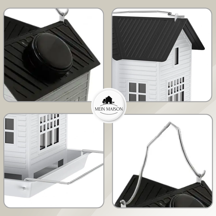 Dekorativer Solar-Vogelfutterspender aus Metall mit LED-Lampe für Outdoor-Garten-Ambiente & Vögel.