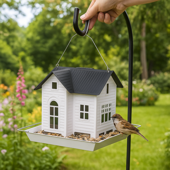 Hängende Futterstelle für Wildvögel mit Solarlampe, beleuchtet den Garten und zieht Vögel an.