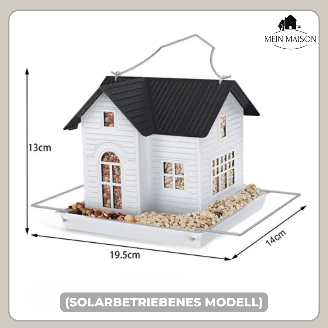 Detailaufnahme des Solar-Vogelfutterspenders; integrierte LED-Beleuchtung leuchtet das Vogelfutter aus.