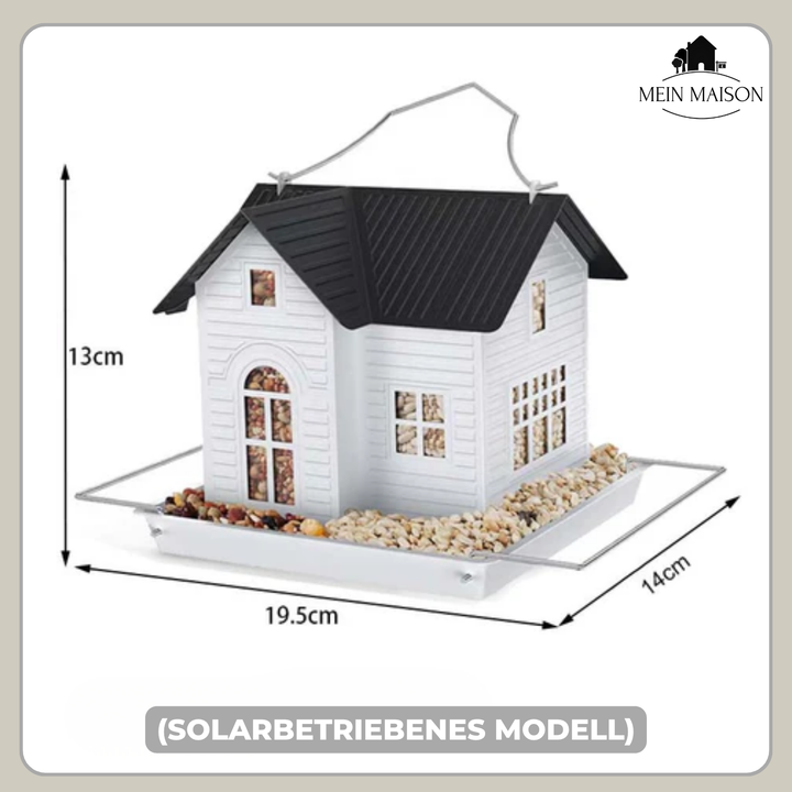 Detailaufnahme des Solar-Vogelfutterspenders; integrierte LED-Beleuchtung leuchtet das Vogelfutter aus.