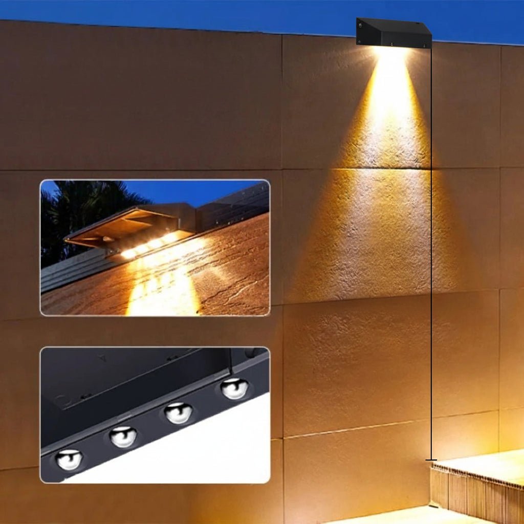 Moderne Solar-Außenleuchte: Elegante, kabellose LED-Wandleuchte, perfekt für die stilvolle Gartenbeleuchtung.