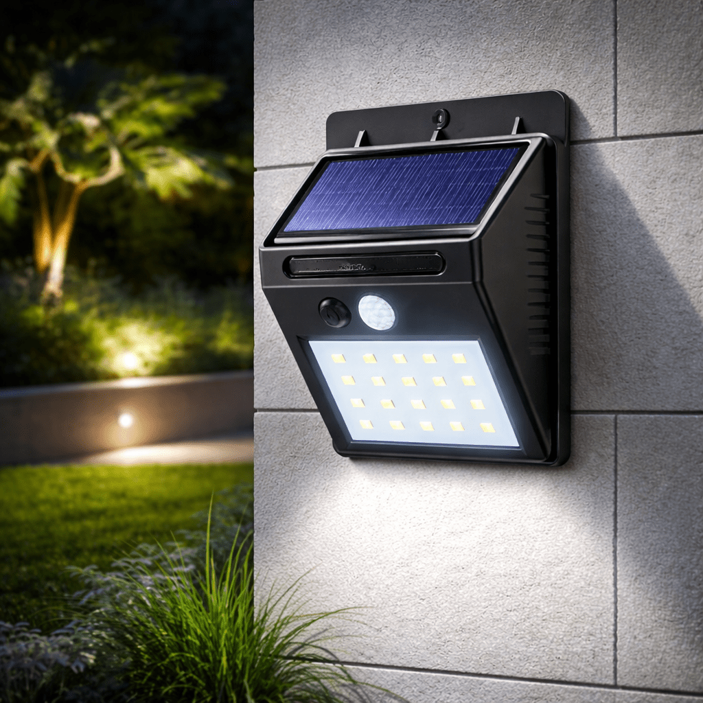 Solar-Wandleuchte mit Bewegungsmelder für den Außenbereich, energiesparend & wetterfest.