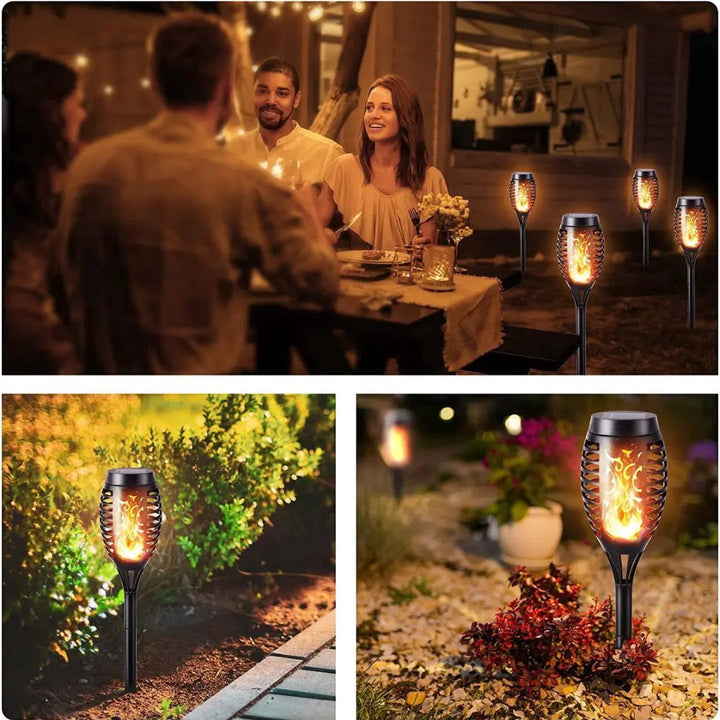 Authentische LED-Gartenfackel mit realistischer Flamme, solarbetrieben für Gartenwege & Terrassen, langlebig & robust.
