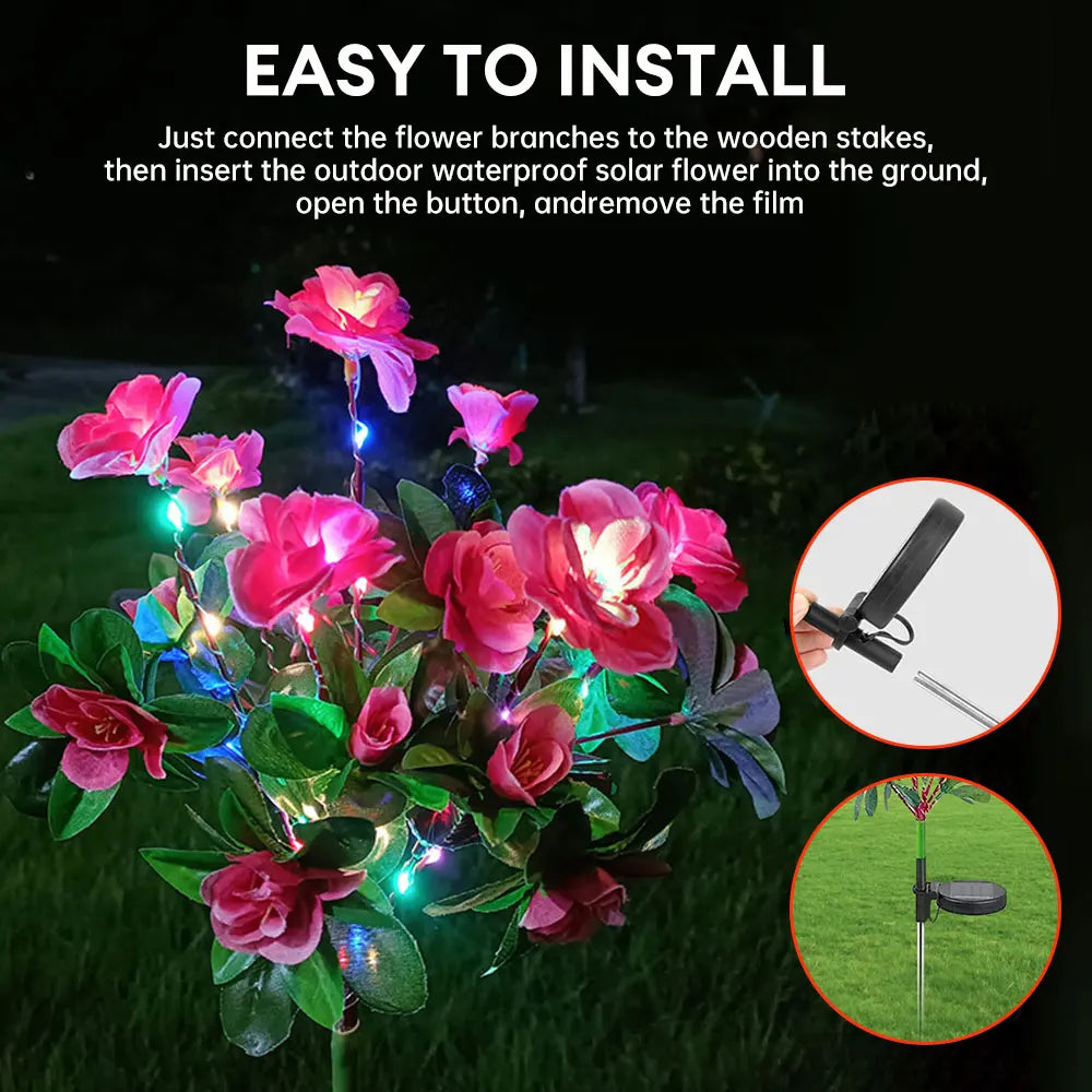 Bunte Solar-Azaleen-Blumenleuchten (lila, gelb, rosa) als LED-Gartendeko. Wetterfeste Außenbeleuchtung.