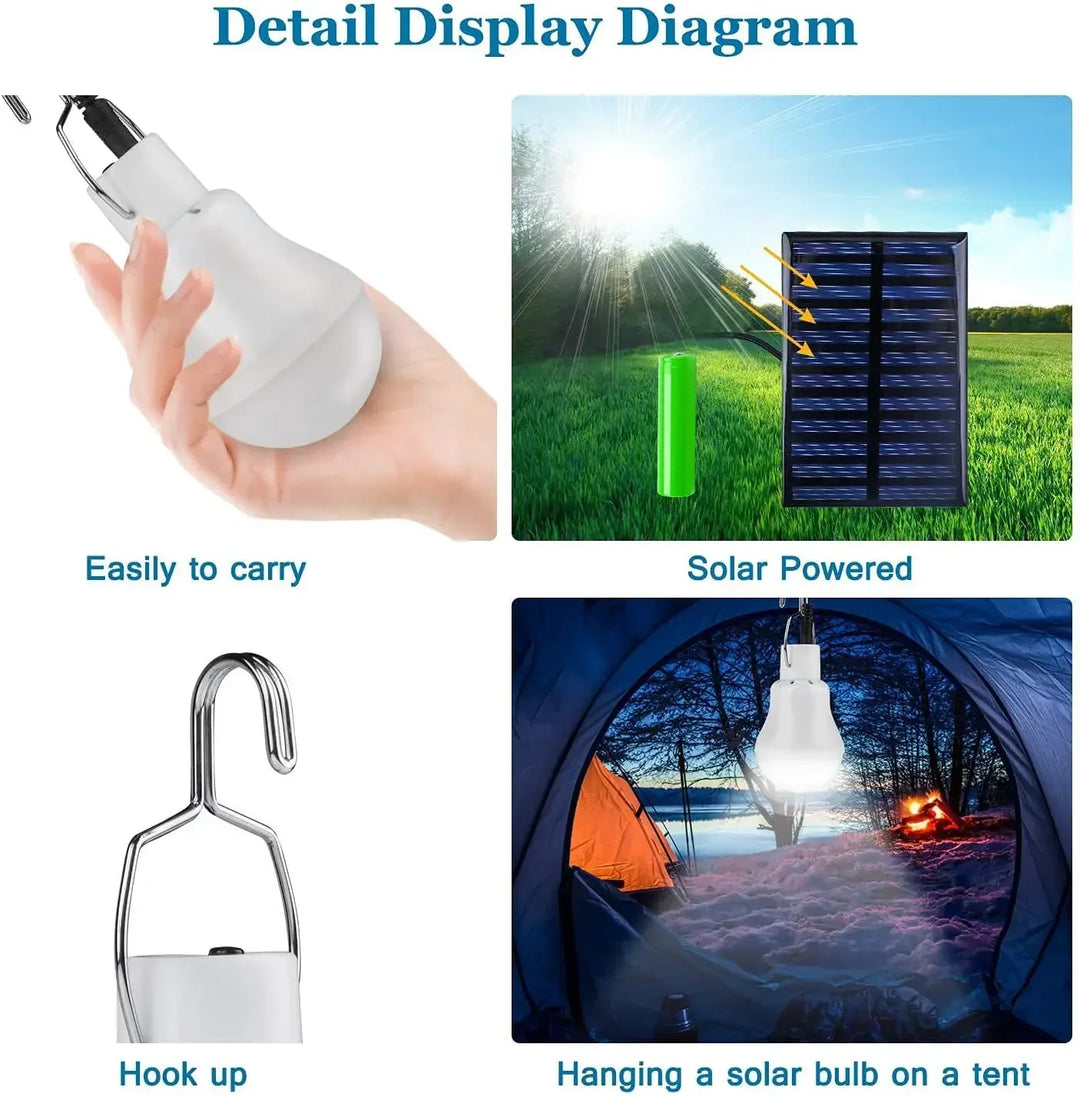 Praktische Solar-Hängelampe LumiCamp Pro mit USB, dimmbar, IP55 wasserdicht – ideal für Camping & Gartenbeleuchtung.