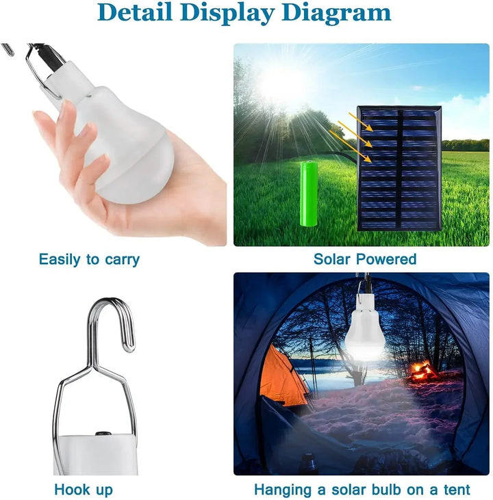 Praktische Solar-Hängelampe LumiCamp Pro mit USB, dimmbar, IP55 wasserdicht – ideal für Camping & Gartenbeleuchtung.