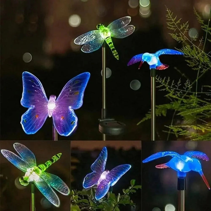 Dekorative Solarlampe für den Garten mit leuchtenden Schmetterling, Kolibri & Libelle Motiven.