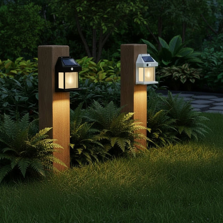 Robuste, wetterfeste Solarleuchte mit LED und Bewegungssensor; ideal als Hof- & Sicherheitsleuchte.
