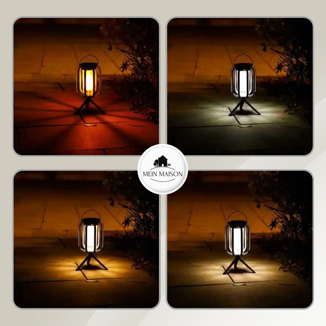 Wetterfeste Solar-Laterne für Garten, Terrasse & Camping. Integriertes LED-Flammenlicht sorgt für Ambiente.