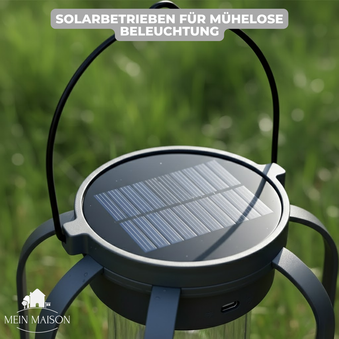 Moderne Solarleuchte & Campinglicht mit USB-C Ladeoption. Realistisches LED-Flammenlicht für drinnen & draußen.