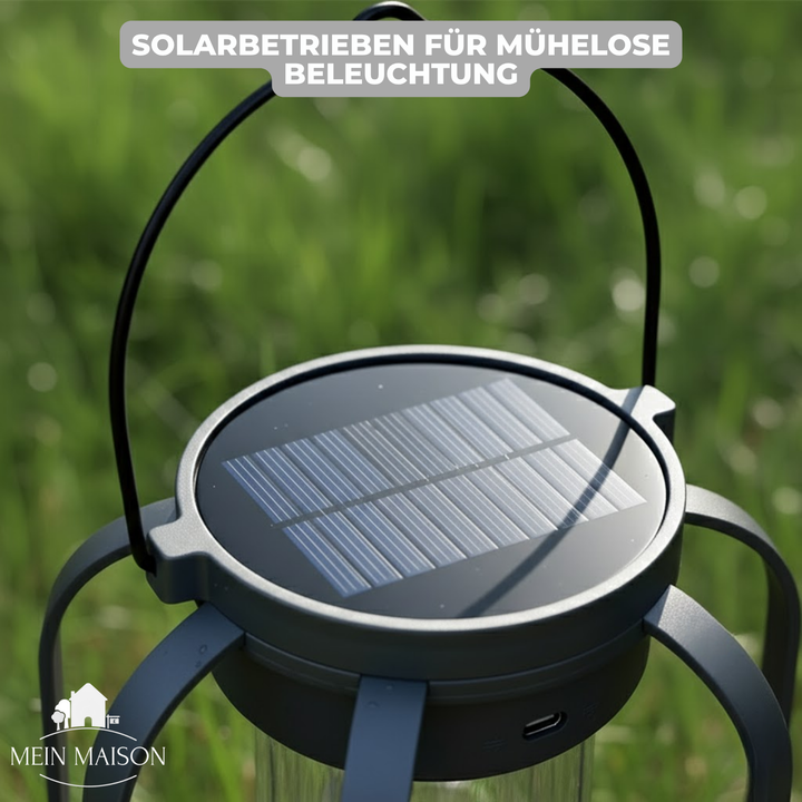 Moderne Solarleuchte & Campinglicht mit USB-C Ladeoption. Realistisches LED-Flammenlicht für drinnen & draußen.