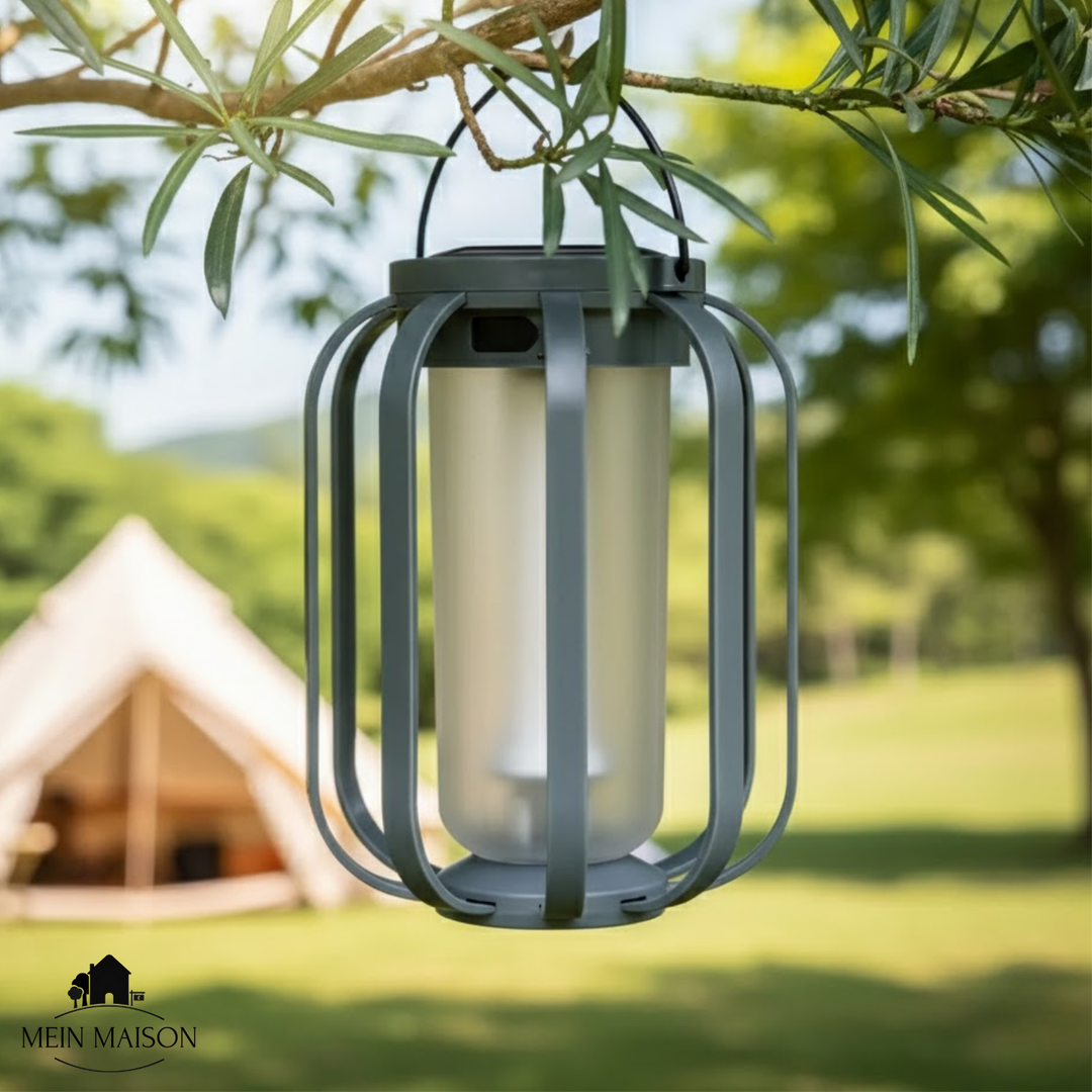 Robuste Solar-Dekolampe und Campinglaterne mit LED-Flammeneffekt. Perfekt für Garten, Picknick und Outdoor-Abenteuer.