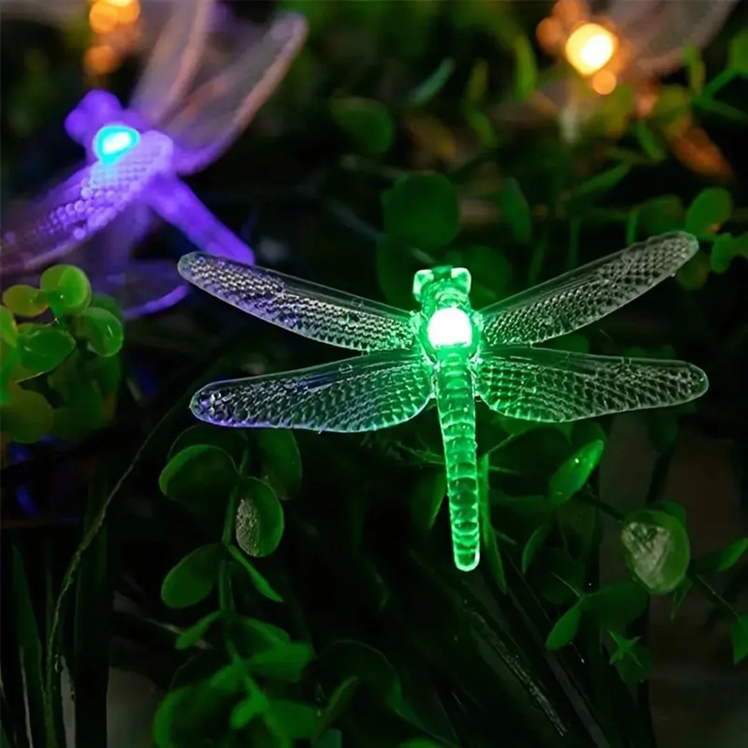 Funkelnde Solar-Libellen-Lichterkette im Garten bei Nacht. Sorgt für eine magische Atmosphäre mit 8 Lichtmodi.