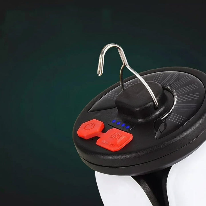 Wetterfeste Solar-Campinglaterne, USB-aufladbar, faltbar – ideal als Notlicht & Powerbank.