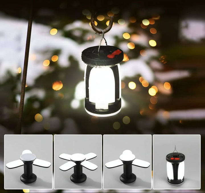 Robuste Outdoor-Laterne mit Solar- und USB-Ladefunktion, kompakte Faltpanele für Abenteuer.