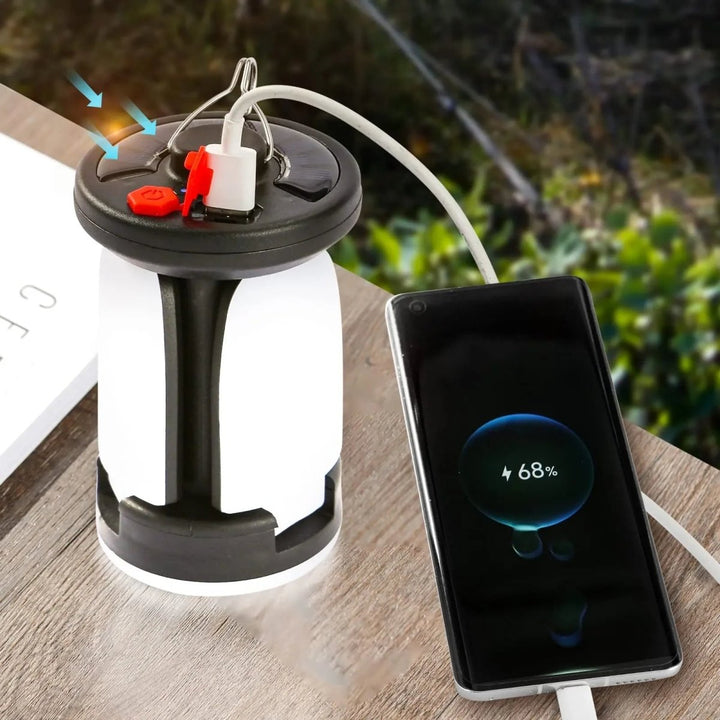 Kompakte faltbare Solar-Laterne mit USB-Anschluss, bietet zuverlässige Beleuchtung & Powerbank-Funktion.
