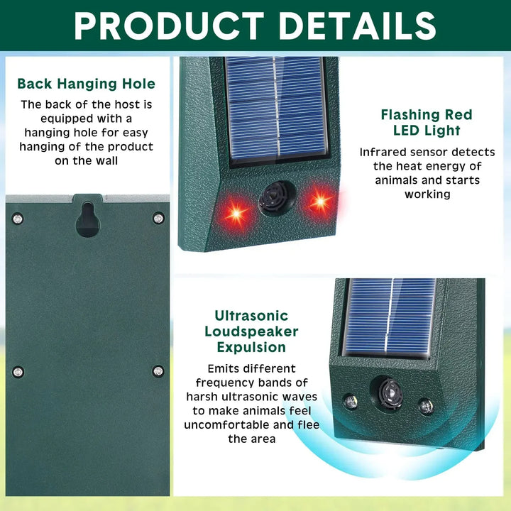 Wasserdichter Solar Vogelvertreiber mit LED-Licht & Bewegungsmelder für effektive Schädlingsbekämpfung im Garten.