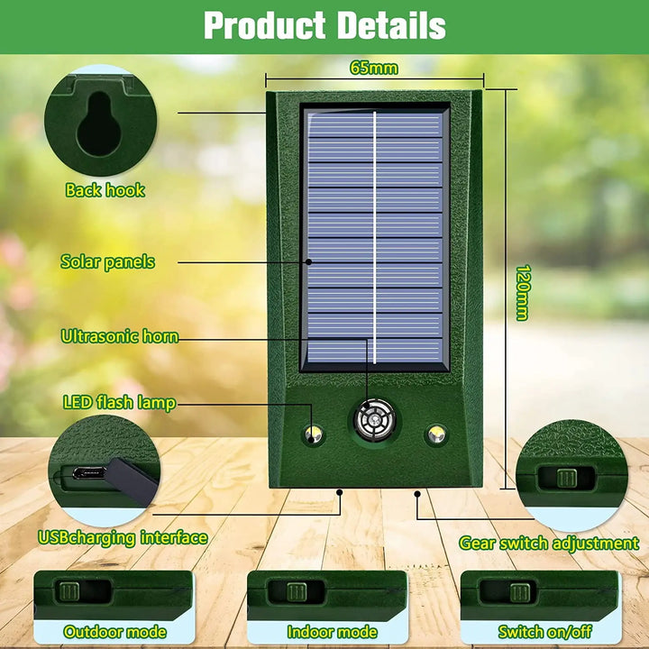 Eleganter Ultraschall Vogelvertreiber für Garten & Balkon, solarbetrieben, mit LED und Bewegungsmelder, wetterfest.
