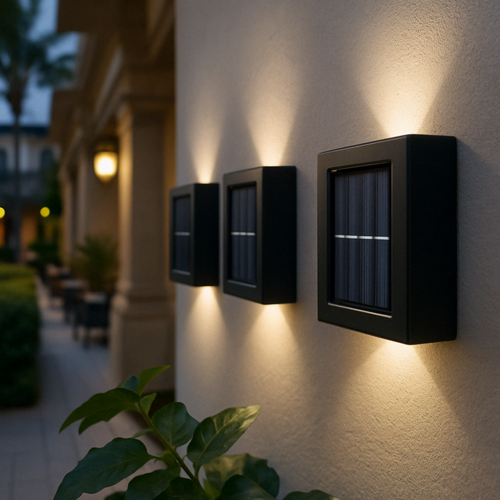 SolarGlow Wandlampe mit integrierten LEDs, langlebig und energieeffizient für alle Wetterlagen.