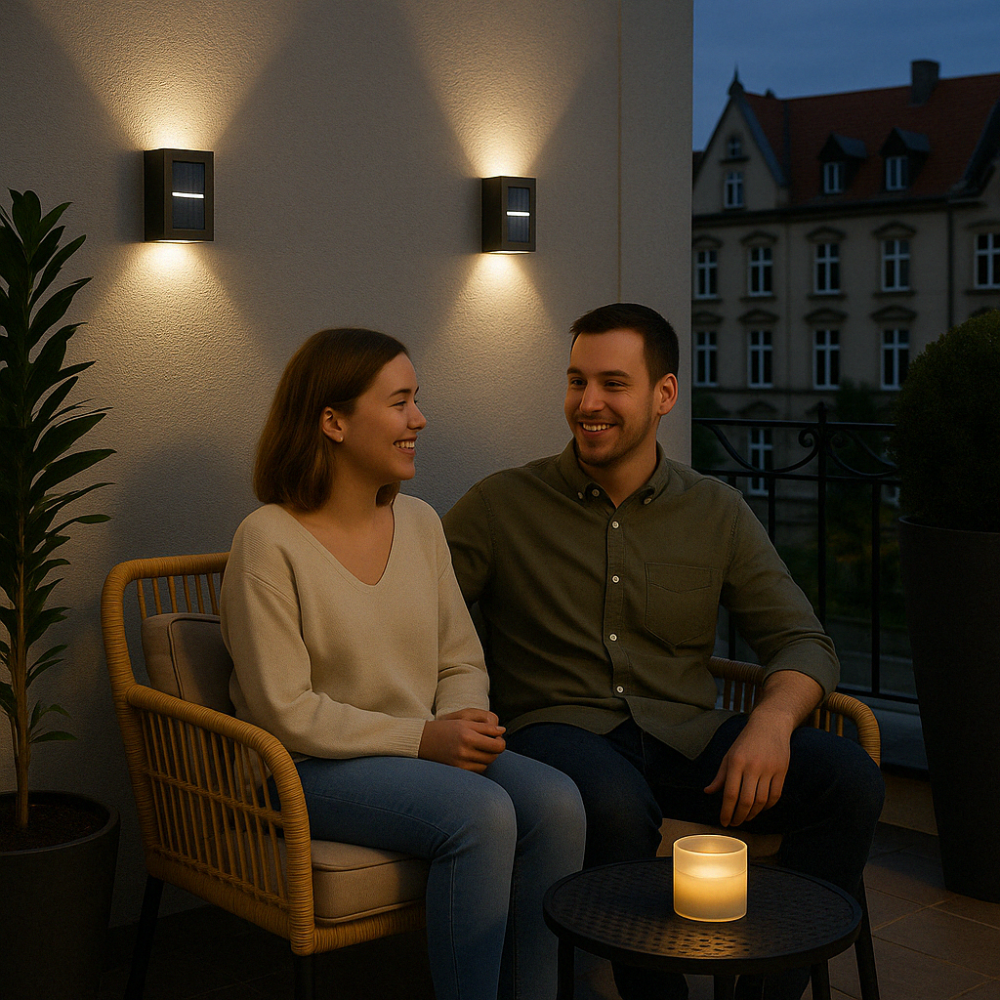 Moderne Solar Wandlampe mit LED für Garten und Terrasse, energieeffizient & wetterfest.