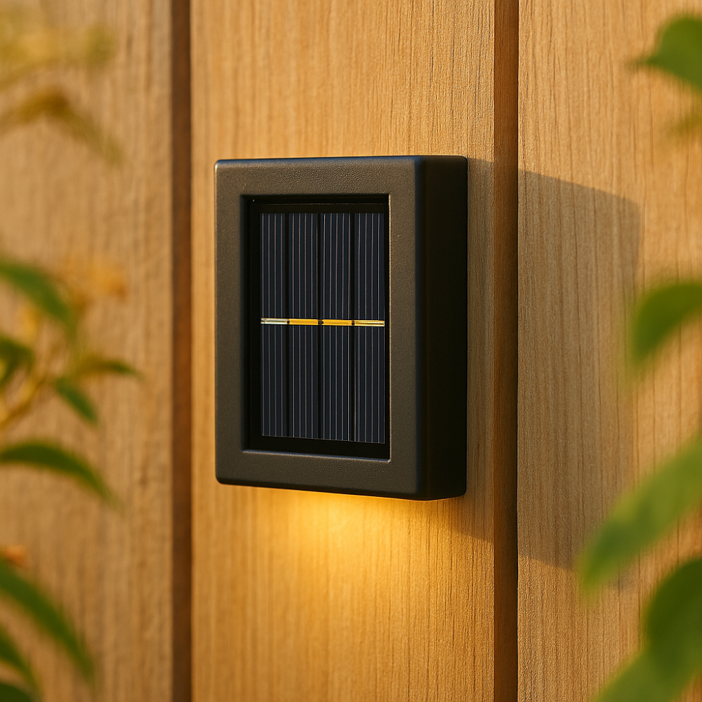 Schlanke, solarbetriebene LED Wandleuchte für den Außenbereich, einfache Montage ohne Kabel.