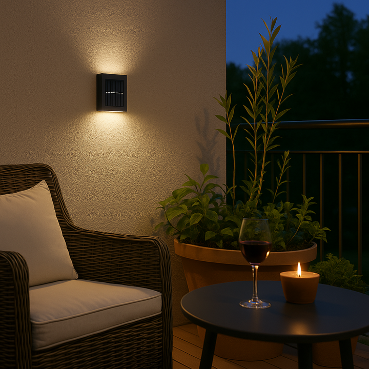 Energieeffiziente Solarlampe für die Wand, schafft stimmungsvolles Licht im Garten.