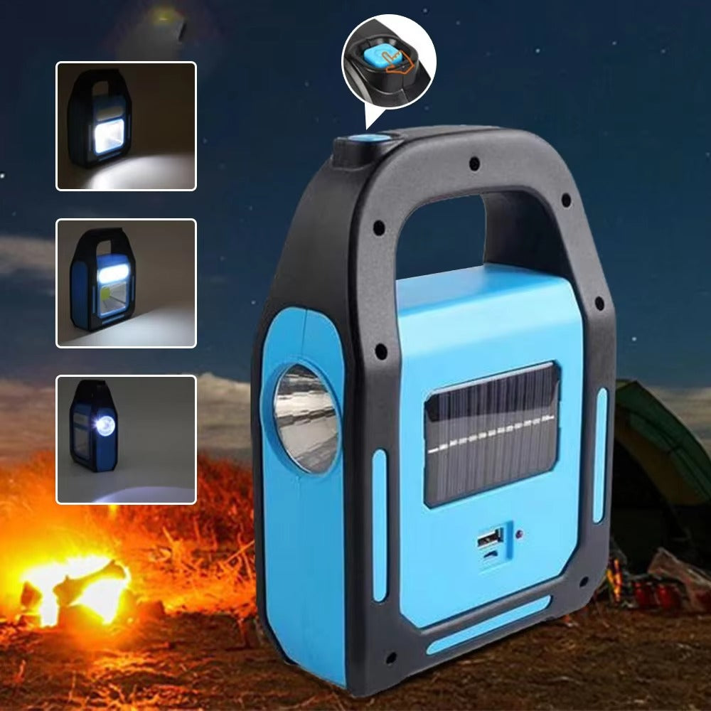 SolarGlow USB-Campinglaterne mit integrierter Powerbank zum Aufladen von Smartphones und Geräten unterwegs.