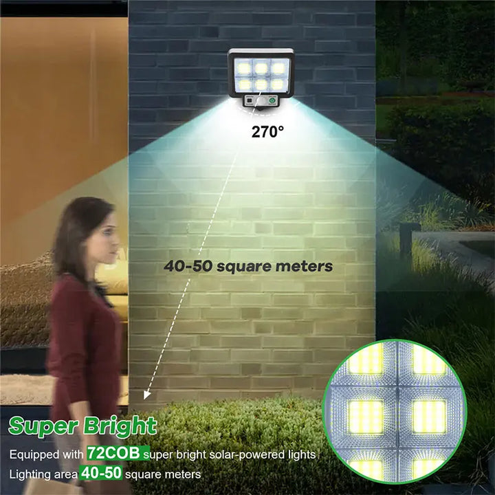 Robustes IP65 Solarlicht mit Bewegungsmelder, 72 COB LEDs für optimale Sichtbarkeit im Außenbereich.