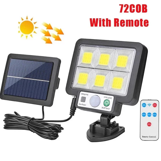 Solar-Außenbeleuchtung mit Bewegungsmelder, 72 COB LEDs, IP65 wetterfest für Garten, Terrasse & Sicherheit.