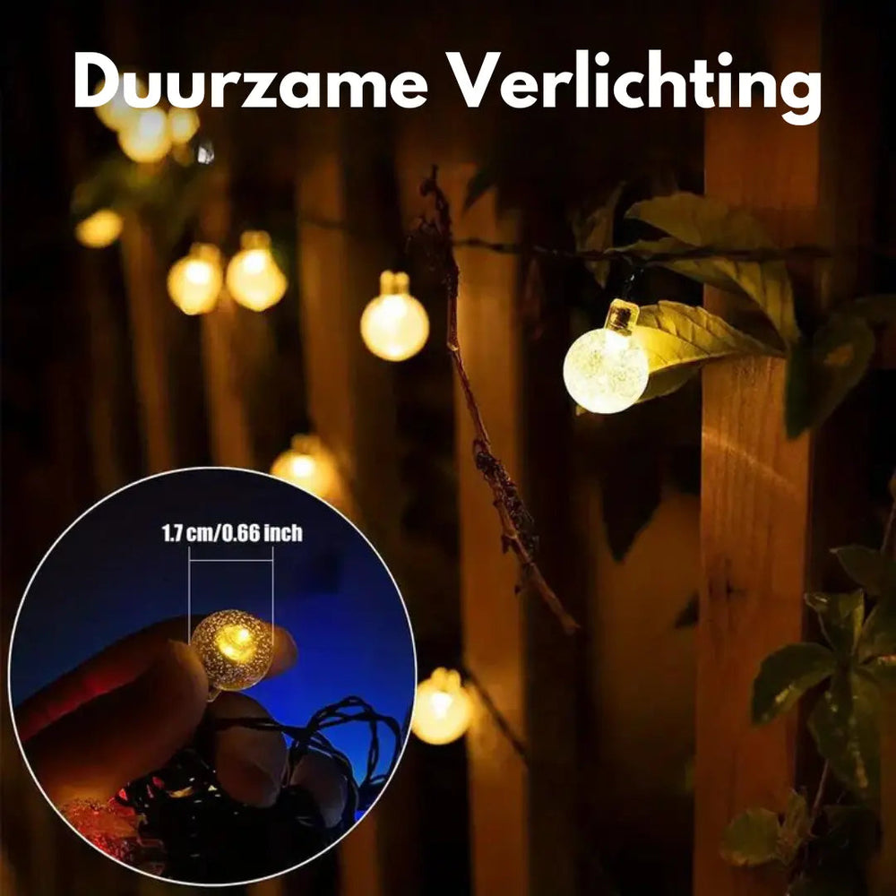 Nachhaltige LED-Solarlichterkette zur Außenbeleuchtung von Garten, Balkon oder Camping. Einfache Installation.