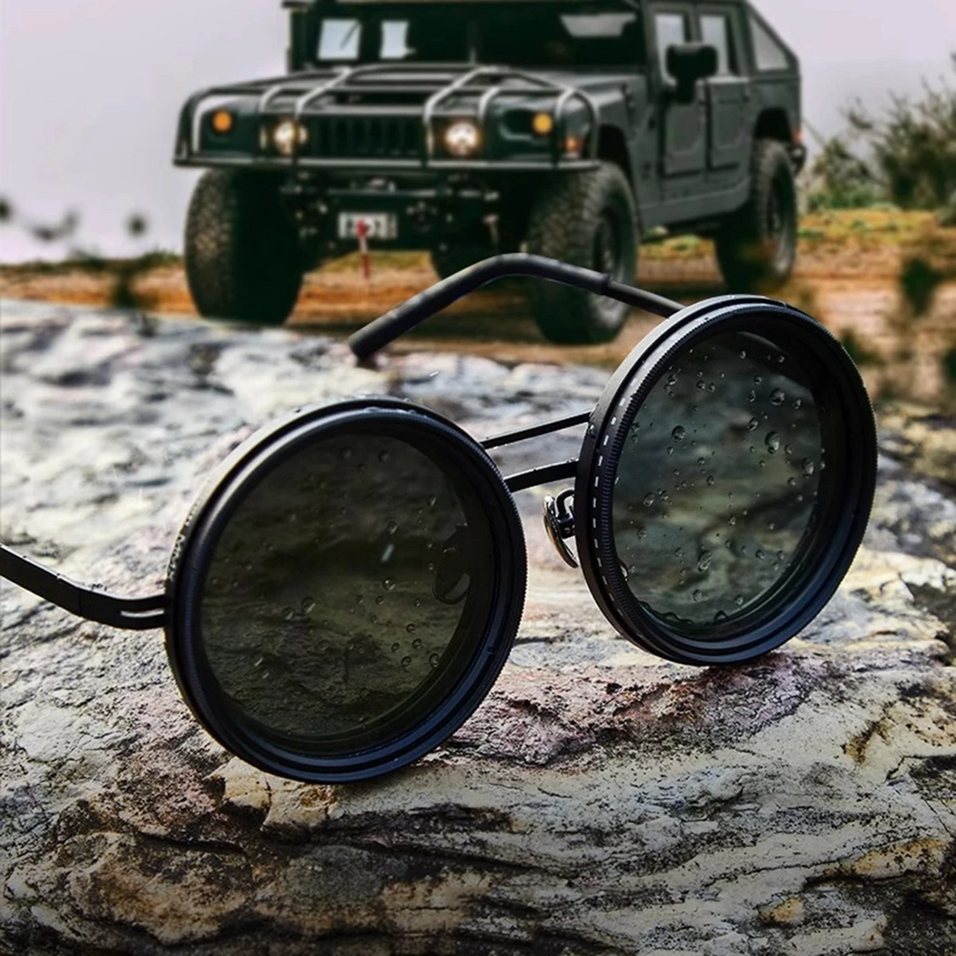 Komfortable Outdoor-Sonnenbrille mit UV- & Blendschutz für Radfahren & Reisen. Rundes Vollrahmen-Design.