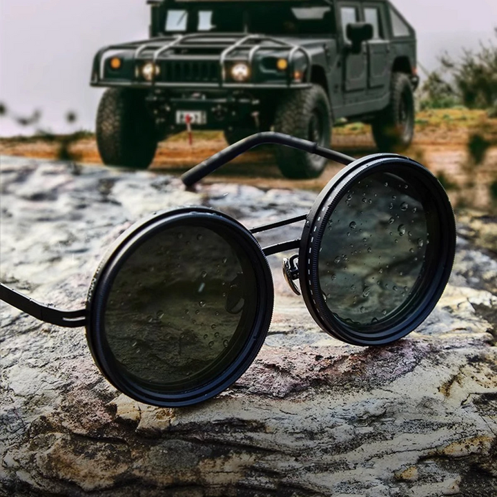 Komfortable Outdoor-Sonnenbrille mit UV- & Blendschutz für Radfahren & Reisen. Rundes Vollrahmen-Design.